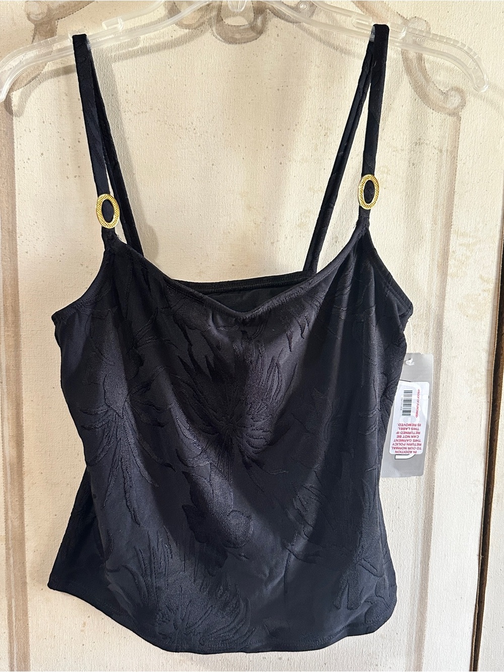 NWT Sirena Womens Jacquard Floral Tankini Swimsuit Top w Gold Rings Shelf Bra 12